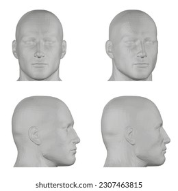 Set of polygonal male head in gray color isolated on white background. Front view, side view. 3D. Vector illustration.