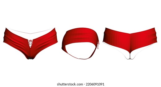 Set with polygonal model of red women's panties isolated on white background. Front, side, back view. 3D. Vector illustration.