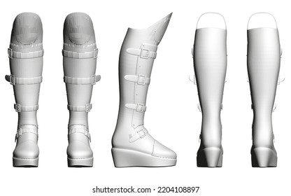 Set with polygonal models of high boots with clasps isolated on a white background. Front, side, back view. 3D. Vector illustration.