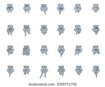 Set mit polygonalen Modellen von Menschen, die in Stühlen an verschiedenen Positionen sitzen, einzeln auf weißem Hintergrund. Männer, Frauen und Kinder sitzen in Stühlen. Draufsicht. Vektorgrafik. 3D