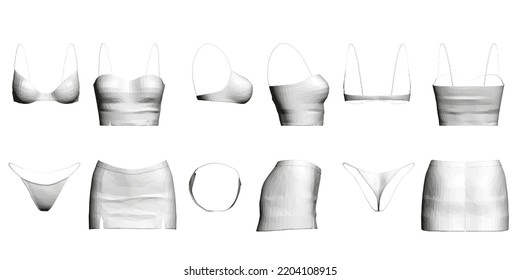 Set with polygonal models of women's clothing isolated on a white background. Front, side, back view. Women's panties, bra, skirt and top. 3D. Vector illustration.