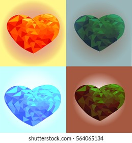 Set of polygonal multicolor hearts