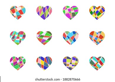 Satz mehrfarbiger Herzen, romantische Dekoration zum Valentinstag. Symbole der Liebe, der Beziehungen und der Romantik für den Urlaub am 14. Februar. Einzeln. Vektorgrafik.
