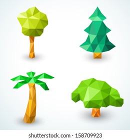 Set Of Polygonal Origami Tree Icons. Vector Illustration For Green Nature Design. Christmas Tree, Palm, Simple Tree And Bush Formed By Triangles On White Background. Ecological Collection .