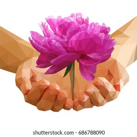 set Polygonal peony flower on Cupped hands