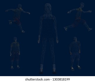 Set with polygonal people. The wireframe of people running and standing. Vector illustration.