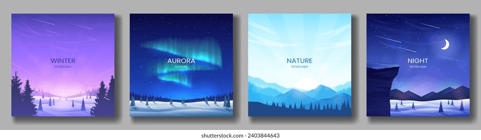 A set of polygonal posters. Hills and valleys in snowdrifts, night starry sky and moon, aurora borealis, dawn in the mountains. The concept of tourism, hiking, winter active recreation. Vector images.