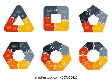 Set of polygonal puzzle infographic diagrams. Vector connected charts with 3, 4, 5, 6, 7, 8 options. Paper progress steps for tutorial. Business concept sequence banners. EPS10 workflow layouts.