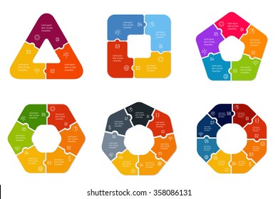 Set of polygonal puzzle infographic diagrams. Vector connected charts with 3, 4, 5, 6, 7, 8 options. Paper progress steps for tutorial. Business concept sequence banners. EPS10 workflow layouts.