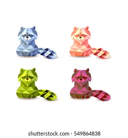 Set of polygonal raccoons. Colorful animal
