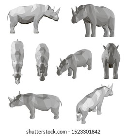 Set with polygonal rhino in different positions. 3D. Vector illustration