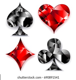 Set of polygonal, shiny, symbols of playing cards on white background.