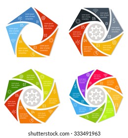 Set of polygonal spiral infographic diagrams. Circular connected charts with 5, 6, 7, 8 options. Progress steps for tutorial. Business concept sequence banners, process layouts. EPS10 collection.