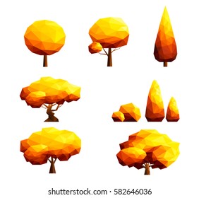 Set of polygonal  trees and bushes-Autumn concept.Vector Illustration