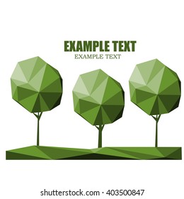 set of polygonal trees on green field, ecologic logo on white, environmental protection poster