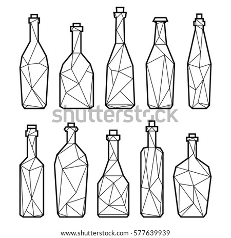 Set polygonal triangle alcohol bottles, champagne, bier and wine. Low poly or geometric style. eps10