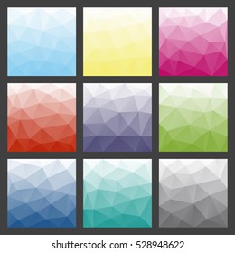 Set of polygonal triangle backgrounds. Colorful gradient template. Vector geometric design for text message, flyer, digital advertising  or web wallpaper.