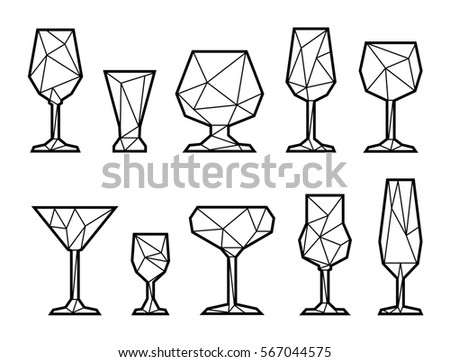 Set polygonal triangle icon of wine, champagne and cocktail glass. Low poly style. Line black and white glass drink. eps10