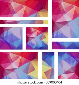 Set of polygonal triangular geometric banners for modern design, vector illustration. yellow, pink, purple, blue colors. 