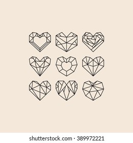 Set of polygonal vector hearts. Illustration for logotypes, wrapping paper, cards.