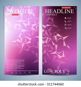 Set of polygonal vertical backgrounds. Modern page website design template. Low poly, molecule and communication with connected dots and lines. Vector Illustration