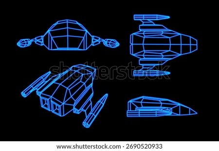 Set of polygonal wireframe spaceships. 80s retro neon synthwave arcade ships collection
