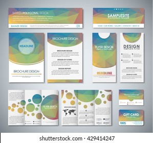 A set of polygonal yellow-blue banners, flyers, gift cards, folding brochures and business card. Corporate Identity of the company for advertising and printing. Vector illustration