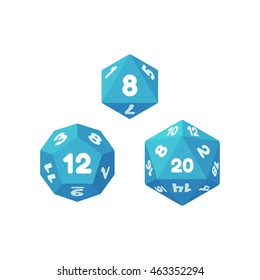 Set of polyhedral dice for tabletop games. 8, 12 and 20 sides. 