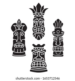 Set polynesian tiki mask silhouette isolated on white background. Hawaiian tribal mask. Vector cartoon style.Design element for  tropical themed party.Isolated on white background.