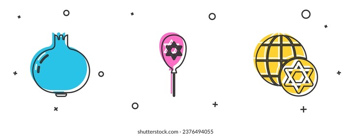 Set Pomegranate, Balloon with star of david and World Globe and Israel icon. Vector