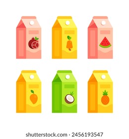 Conjunto de cajas de granada, anacardo, sandía, mango, coco y jugo de piña. Conjunto de iconos planos aislados sobre fondo blanco. Concepto de bebida de fruta saludable para tiendas de comestibles y diseño de menú