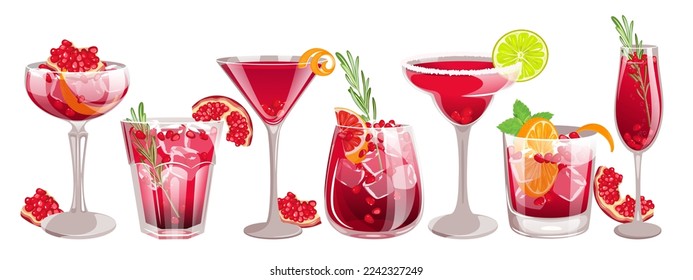 Set of pomegranate cocktails.Pomegranate margarita,martini,paloma,champagne with pomegranate seeds,spritzer,punch.Vector illustration.