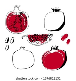 Set of Pomegranate fruit illustration in line art black and red color isolated on white background