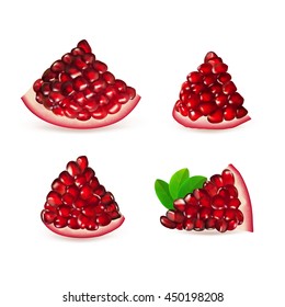 Set pomegranate fruit segment. Fruits collection isolated on white background. Realistic vector illustration.