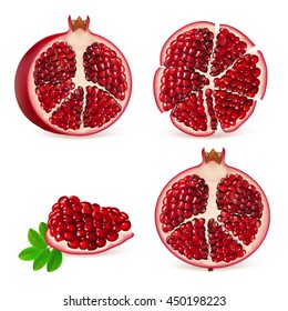 Set pomegranate fruit segment. Fruits collection isolated on white background. Realistic vector illustration.