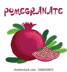 Set pomegranate fruit segment. Pomegranate whole and pieces, cut with seeds. Stylized juicy fruit. Symbol of good luck, eternal life, love, fertility, abundance. Symbol of Israel and Azerbaijan