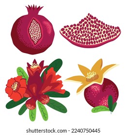 Set pomegranate fruit segment. Pomegranate whole and pieces, cut with seeds. Stylized juicy fruit. Symbol of good luck, eternal life, love, fertility, abundance. Symbol of Israel and Azerbaijan