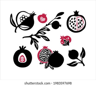 Set of pomegranate fruits. Isolated elements for design. 