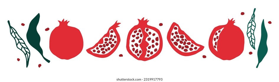 Set of pomegranate fruits. Isolated elements for design. Pomegranate vector illustration. Pomegranate, berries, seeds and leaves in cartoon style. SHANA TOVA. Pomegranate fruit vector abstract icon.