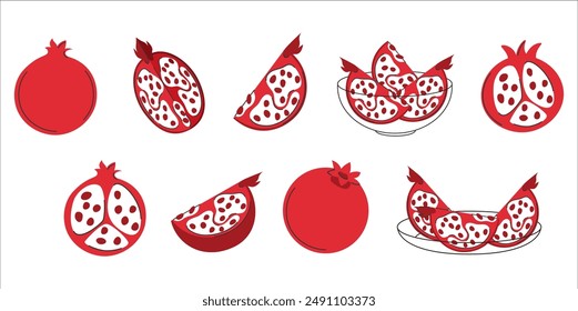 Set of pomegranate fruits.
Whole, cutted, slice, piece. Healthy summer food