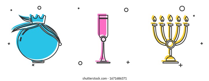 Set Pomegranate, Jewish goblet and Hanukkah menorah icon. Vector