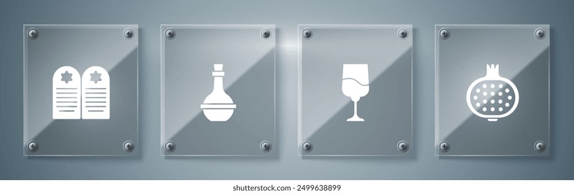 Set Pomegranate, Jewish goblet, wine bottle and Tombstone with star of david. Square glass panels. Vector