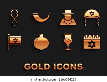 Set Pomegranate, Jewish kippah, calendar, goblet, Flag of Israel, Orthodox jewish hat, Star David necklace on chain and Traditional ram horn, shofar icon. Vector