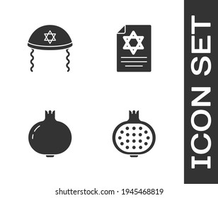 Set Pomegranate, Jewish kippah,  and Torah scroll icon. Vector