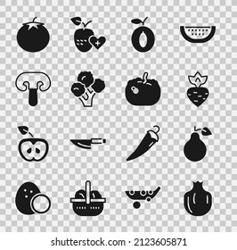 Set Pomegranate, Pear, Turnip, Plum fruit, Broccoli, Mushroom, Tomato and Pumpkin icon. Vector