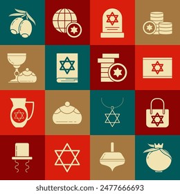 Set Pomegranate, Shopping bag with star of david, Flag Israel, Tombstone, Jewish torah book, goblet and hanukkah sufganiyot, Olives branch and coin icon. Vector