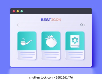 Set Pomegranate, Smoking pipe with smoke and Jewish torah book icon. Vector