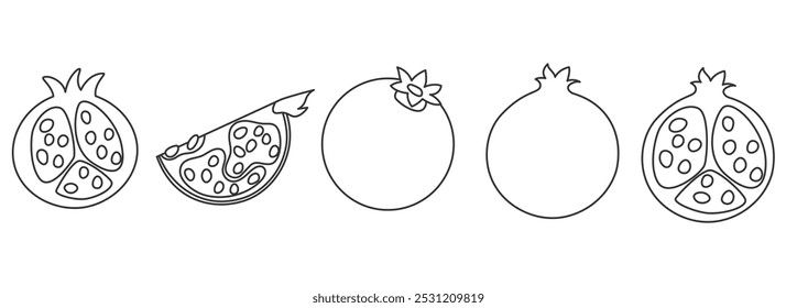 Set of pomegranate whole, half, cut, slice  with seed details  in a simple contour design
