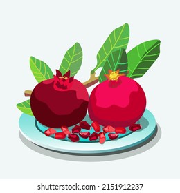 
A set of pomegranates on a plate. Two ripe fruits lie on a blue plate. Vector illustration of ripe pomegranates for banner, postcard.