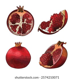 Set of pomegranates in section and whole in sketch style colored. Vintage style. Hand drawn. Vector illustration.